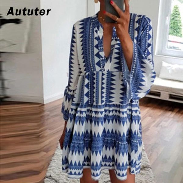 

casual dresses boho geometry print women dress bohemian loose flare sleeve v-neck ladies 2021 summer beach vestidos#a3, Black;gray