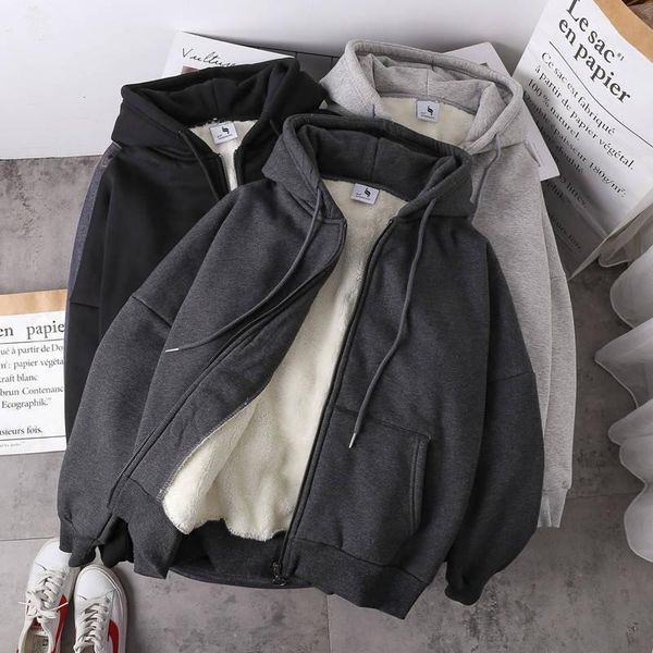 

hoodies ip -up pockets solid women winter hoodies causal basic warm thick fleece z grey black female hooded coat outerwear