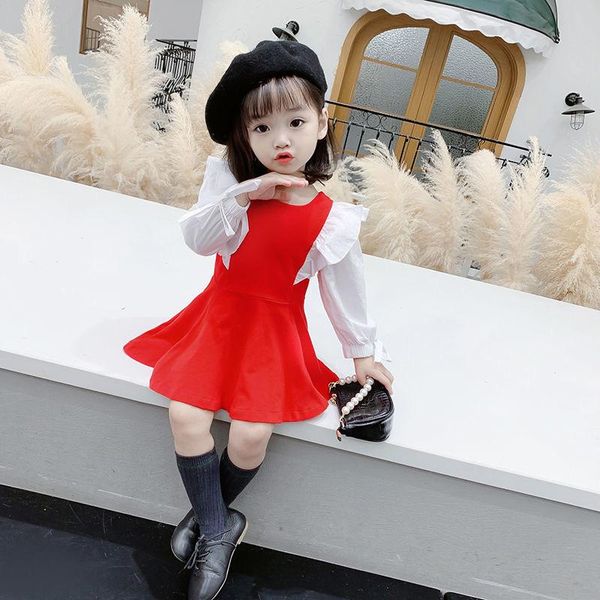 

girl's dresses kids long sleeve for girls party dress patchwork birthday tutu baby casual wear cute princess 2-8yrs, Red;yellow