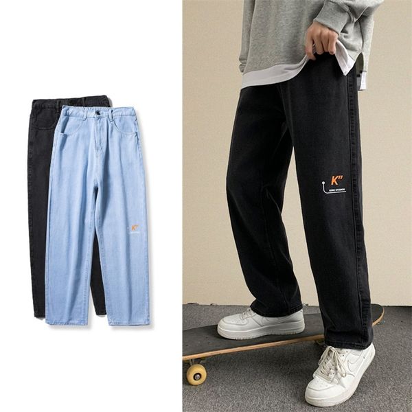 

autumn men's baggy jeans fashion straight denim wide-leg pants black light blue ins casual trousers streetwear male 220224