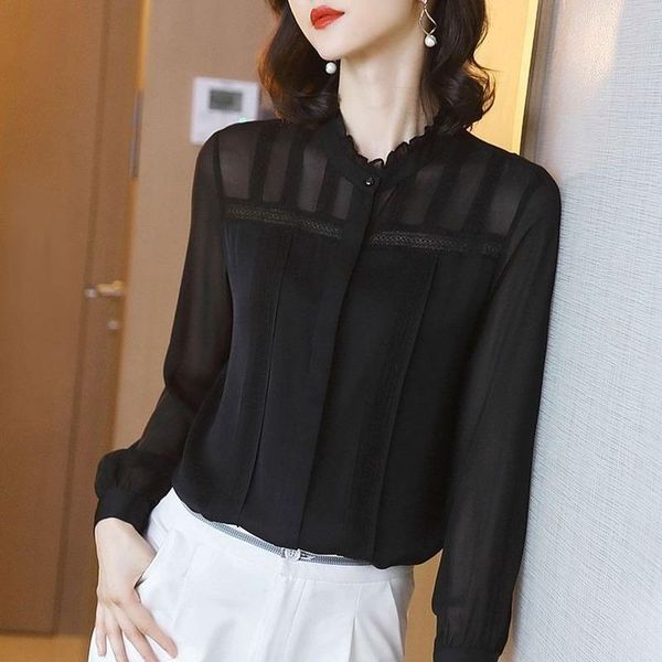 

women's blouses & shirts chiffon women summer 2021 black ruffles neck long-sleeved office lady elegant blouse outwear oversize 4, White