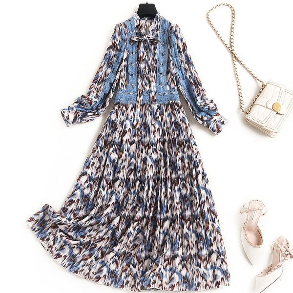 

elegant cheetah lace chiffon spring designer woman robe femme midi holiday dress, Black;gray