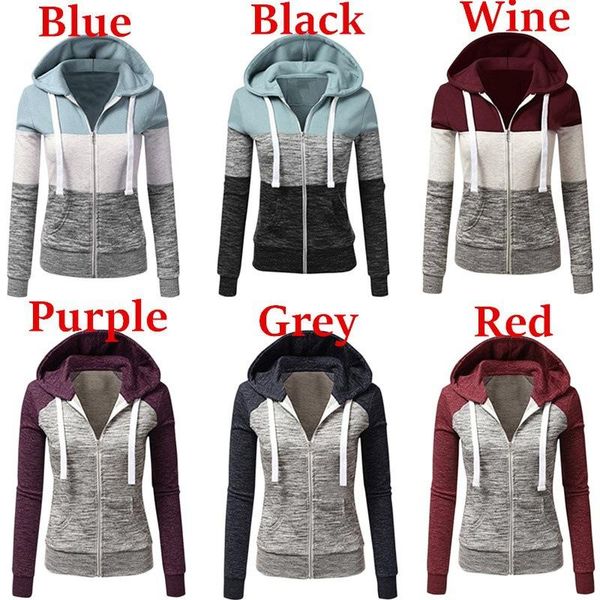 

women's hoodies & sweatshirts women patchwork hooded jacket zipper long sleeve plus size sport outfits casual autumn clothes, Black