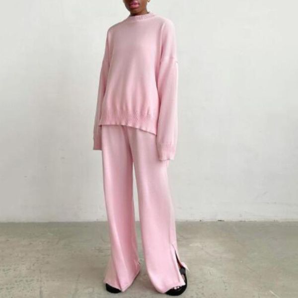 

women's two piece pants holiwind 2021 sweater set women tracksuit spring autumn knitted suits 2 warm pullovers wide legs, White