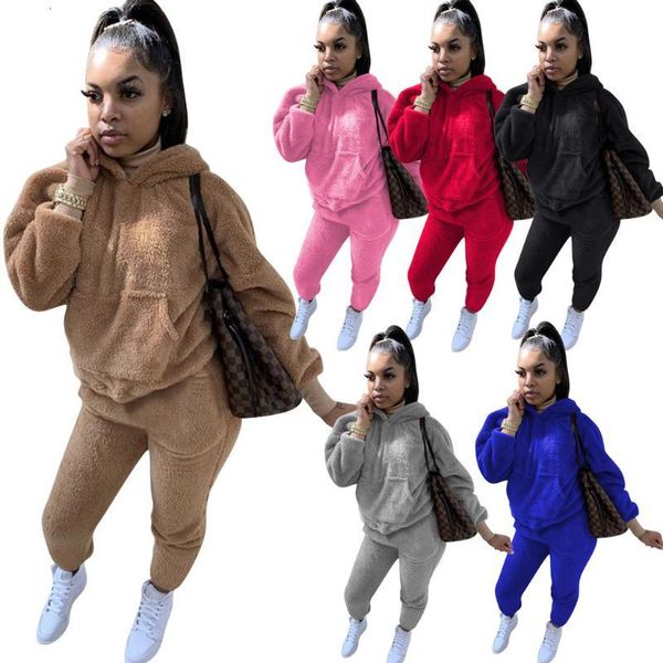 

women's tracksuits fleece plush tracksuit two piece outfits for women full sleeve and pants set winter solid color home wear lounge se, Gray