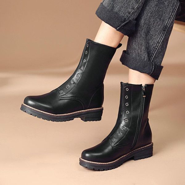 

boots 2021 round toe side zipper ankle square high heel pu leather short autumn winter casual women shoes size 34-43, Black