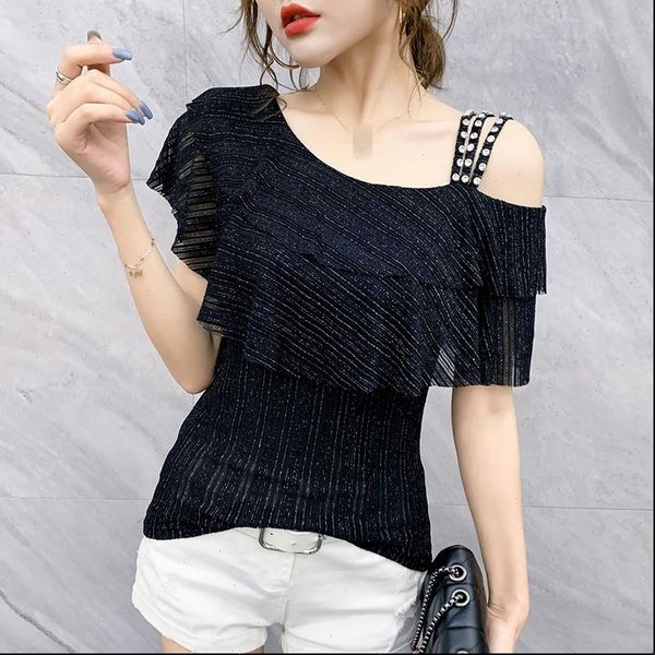 

summer european womens t shirt clothes shiny skew collar rivet women ropa mujer fashion short sleeve stretchy tees, White