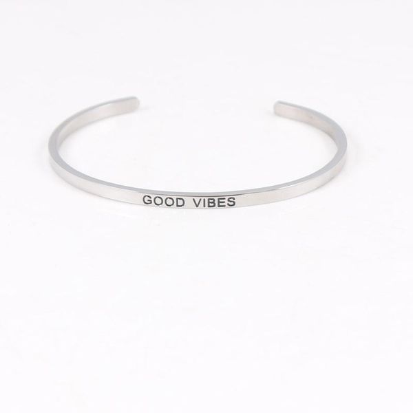 

bangle 316l stainless steel bracelets & bangles engraved good vibes positive inspirational quote cuff mantra bracelet for women, Black