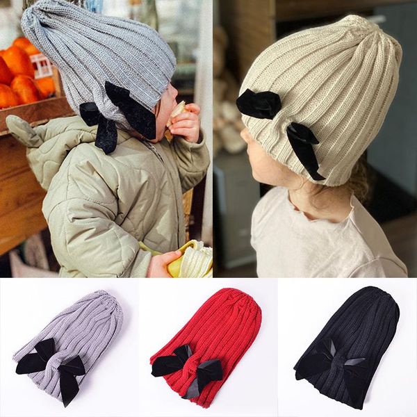 

caps & hats cute knitted baby hat big bows autumn winter kids beanie cap solid color warm outdoor children toddler bonnet, Yellow