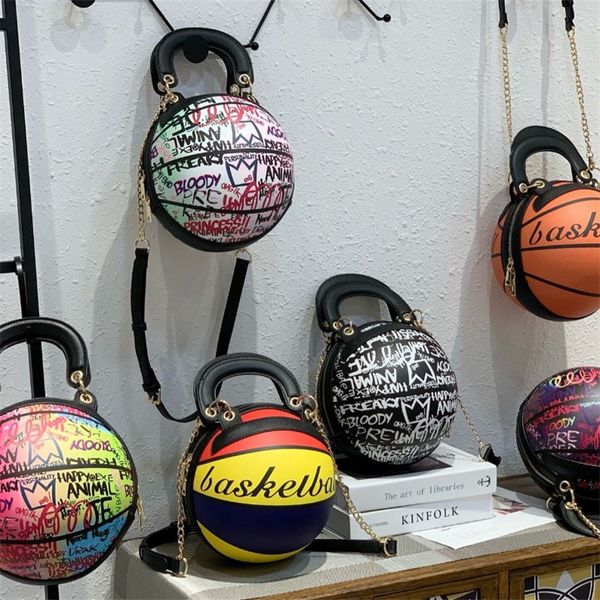 

2021 new personality letter graffiti basketball one-shoulder dinner bag ladies casual small handbag pu leather messenger messenger handbag