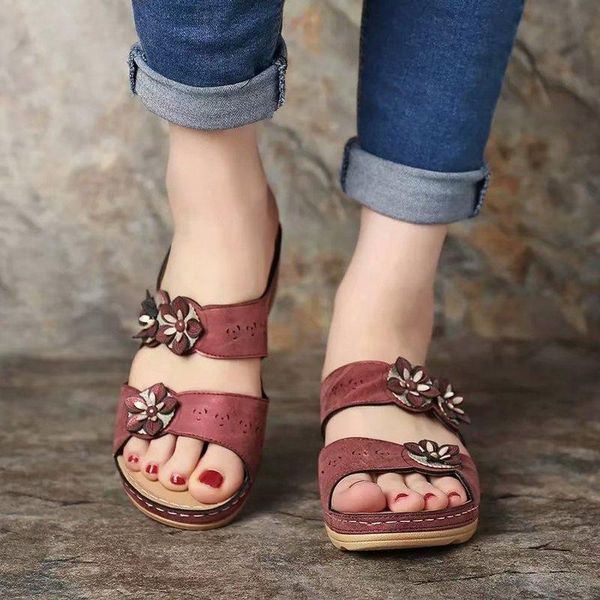 

women sandals summer shoes woman plus size 44 heels for wedges chaussure femme casual flower vintage wedge heel, Black