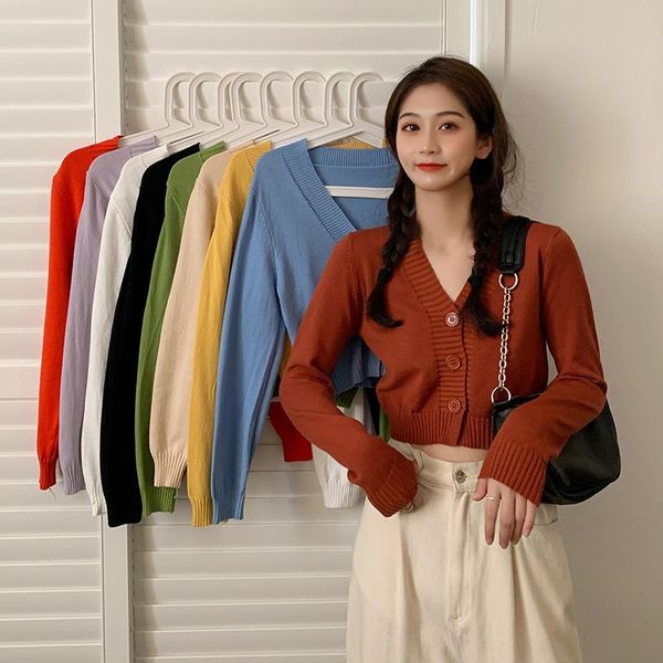 

women's knits & tees women knitted sweater cardigan korean style long sleeve v-neck solid color crop 2021 female casual button slim jac, White
