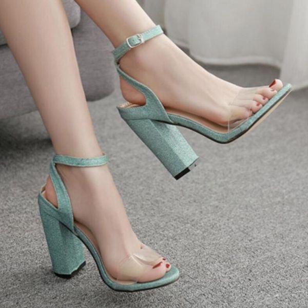 

women sandals pu buckle strap 11cm square heel high heels round toe shallow shoes sandalias mujer 2021 size 35-42 green, Black