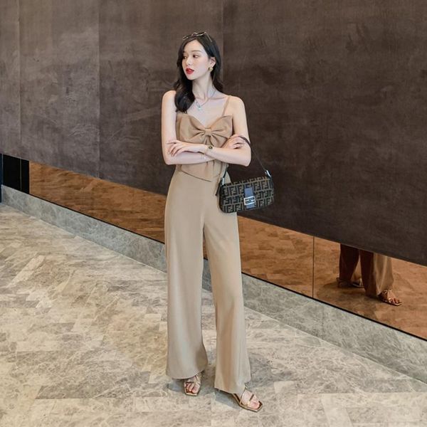 

women's tracksuits arrival fashion two piece set women summer elegant spaghetti strap bow temperament simple sets and pants, Gray