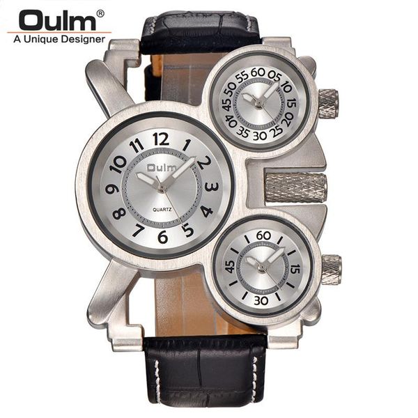 Relógios de Pulso OULM Masculino Vintage Steampunk Punk Couro Pulseira Relógios 3 Fusos Horários Japão Movimento Estilo Rock Roll Casual Quartzo Montre Homme