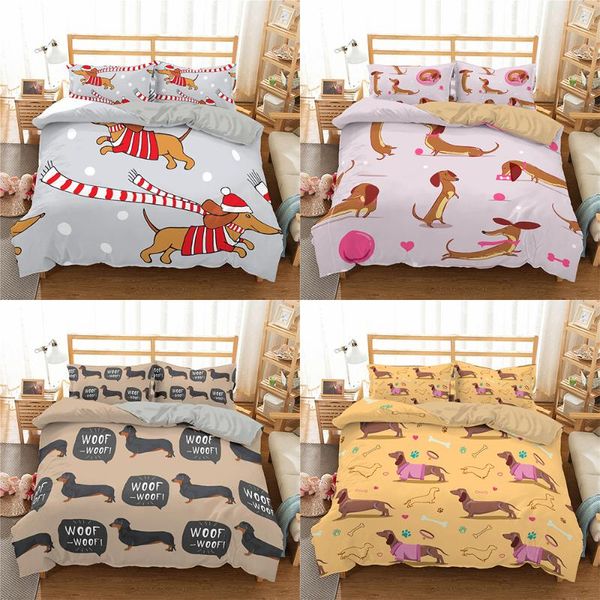 

bedding sets homesky dachshund sausage set cartoon puppy duvet cover cute dog print king  3pcs bed home textiles