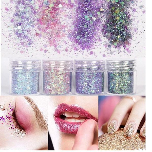 

4pot/set flake chunky glitter powder colorful nail eyeshadow tattoo body face make-up mixed paillette art1, Silver;gold