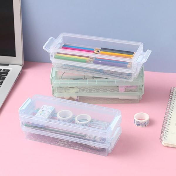 

pencil bags creative double layers box portable clear case large capacity glasses students kawaii stationery storage