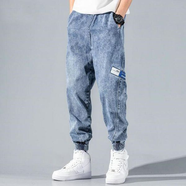 

men's jeans hip hop harem pants loose joggers denim casual sweatpants length trousers streetwear, Blue