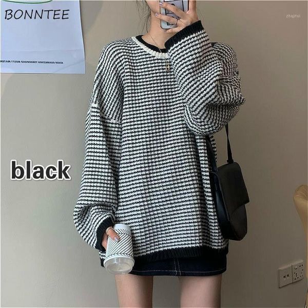 

sweaters women vintage striped chic preppy simple o-neck korean ladies knitwear fall basic stylish female pullover retro spring women's, White;black