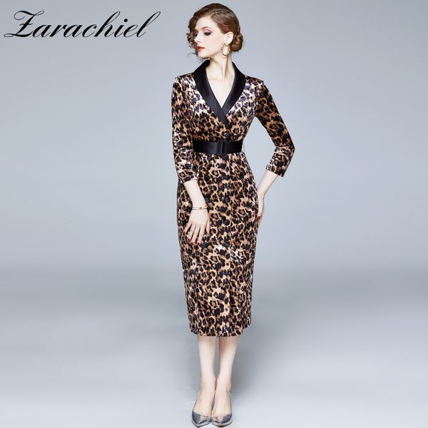 Autunno Vintage Leopard Print Velluto Donna Monopetto Manica lunga Impiombato Contrasto Colletto in raso Abito longuette con fascia 210416