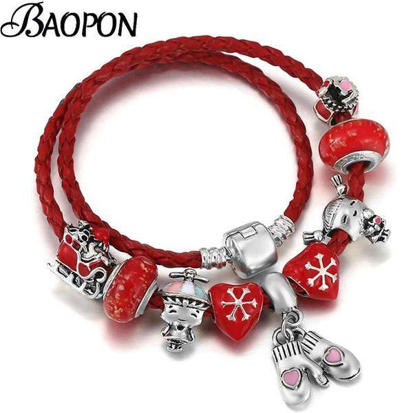 

charm bracelets silver color gloves boy girl beads bracelet with leater chain christmas tree pendants for women kids jewelry gift, Golden;silver