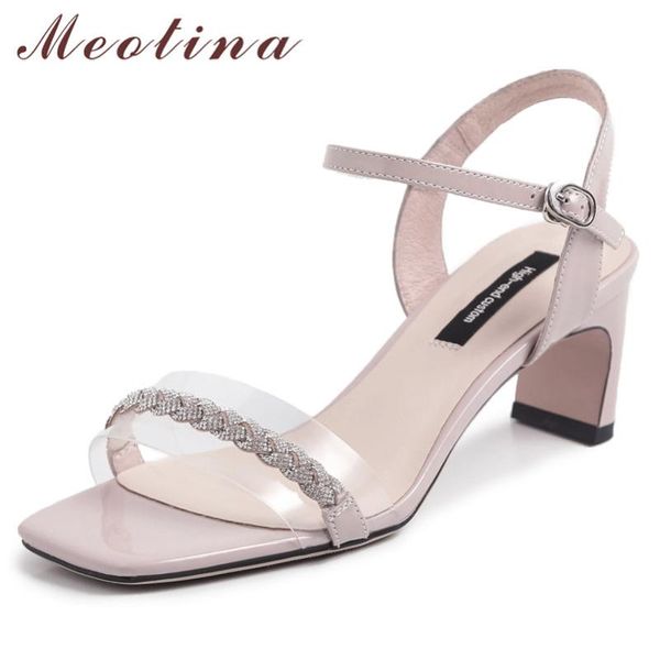 

meotina summer sandals women shoes transparent thick high heels party rhinestone buckle open toe female size 34-39, Black