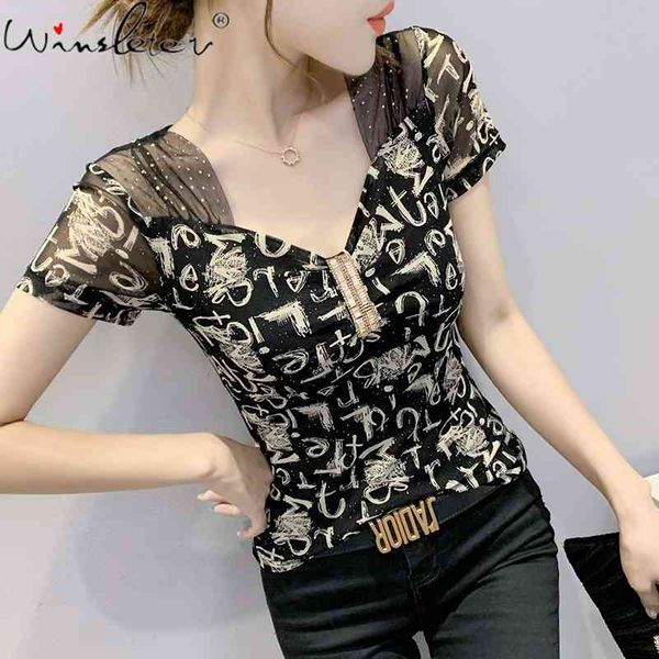 

women's t-shirt summer european clothes mesh chic letter shiny beads diamonds women bottoming shirt short sleeve tees t1, White