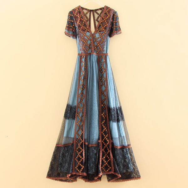 

casual dresses high-end summer dress women vintage midi embroidery elegant lady slim a-line party embroidered mesh s-xl u136, Black;gray