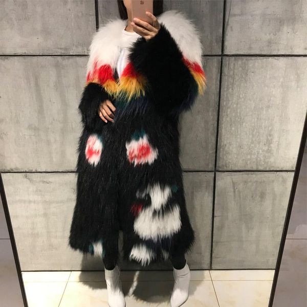 

women's fur & faux natural raccoon women long real knitted coat, Black