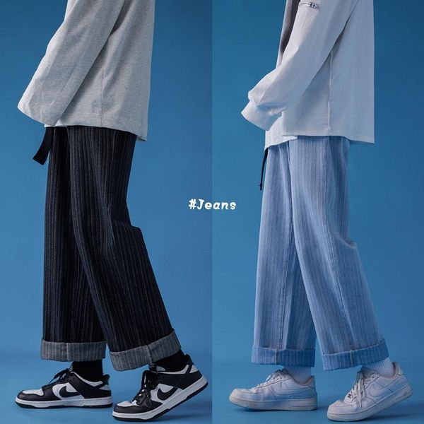 

men's jeans wide leg striped for men japanese fashion trends harajuku clothing autumn teenage baggy denim pants oversized streetwear, Blue