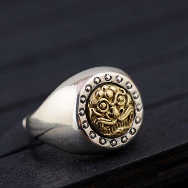 

punk lucky pixiu ring 925 silver original pure s925 sterling rings for men jewelry open adjustable big cluster, Golden;silver