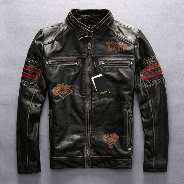 

men's leather & faux vintage 2021 genuine black thick cowhide slim fit motorcycle biker embroidery coat spring plus size jacket
