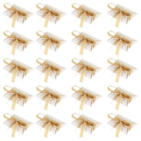 

50pcs paper candy boxes pillow shape wedding with golden ribbon gift wrap