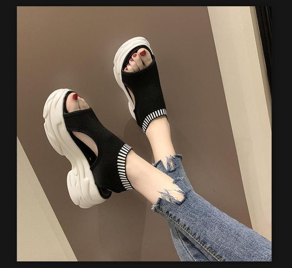 

summer fish-tip sandals, women's thick soles fashion casual non-slip wear-resistant stretch cloth beach shoes sandals, Black