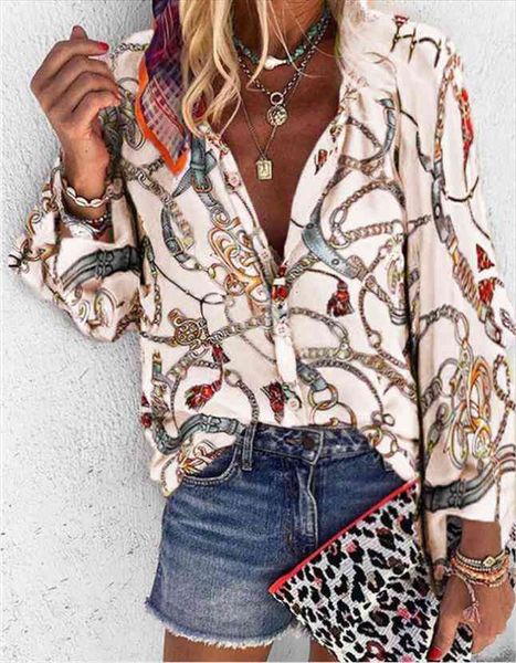 

long sleeve mixed chain print womens blouses casual office lady fall summer, White
