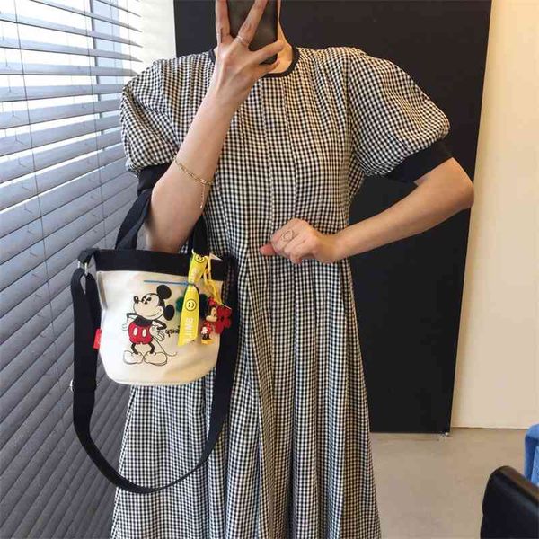 

spring and summer korean fashion casual loose plaid round neck short-sleeved dress holiday wind waist puff sleeve 210615, Black;gray