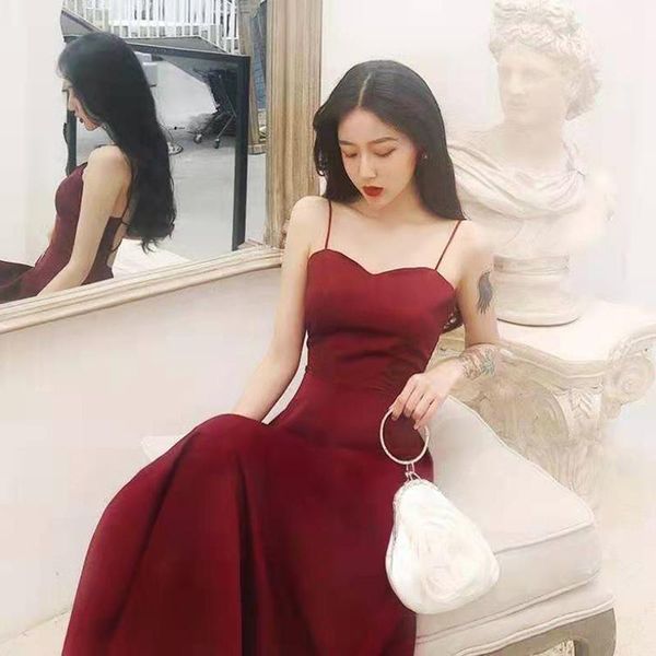 

casual dresses temperament sleeveless french holiday retro dress women's open back cross fashion slim wine red black, Black;gray