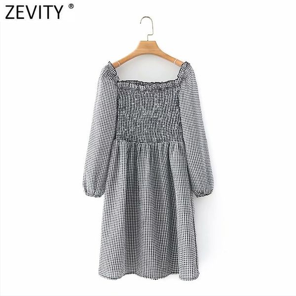 

zevity women vintage square collar plaid print slim elastic mini dress female three quarter sleeve ruffles vestido ds4994 210419, Black;gray