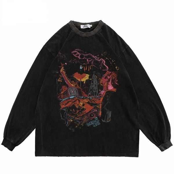 

men's t-shirts hip hop oversize washed t-shirt streetwear harajuku ripped graphic print t shirt 2021 men autumn long sleeve tshirt cott, White;black