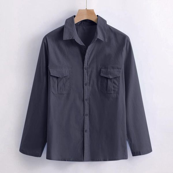 

men's casual shirts shirt slim fit solid pocket for men long sleeve button up turn-down collar chemise homme, White;black