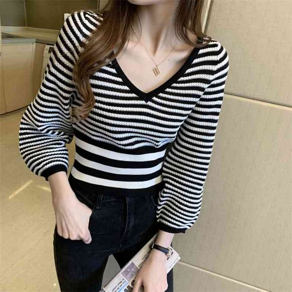 

fashion women's sweater autumn slim slimming lantern sleeve short v-neck striped women 210520, White;black