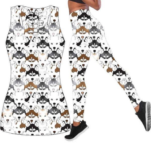

women's leggings est style hollow tank& for women 3d full printed dog husky collag woman vest female girl pink clothes, Black