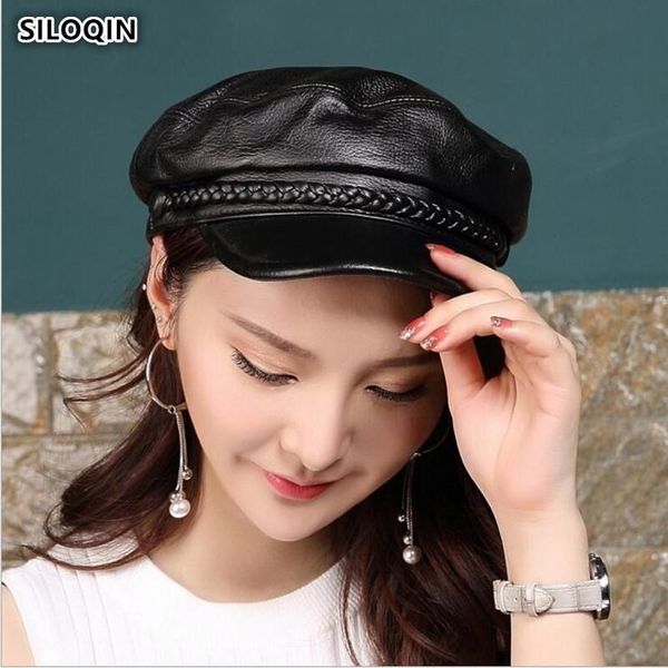 

berets siloqin women genuine leather hat autumn winter first layer sheepskin military hats casual solid color flat cap woman, Blue;gray