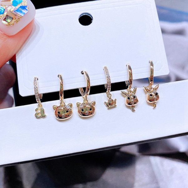 

hoop & huggie fashion 6 piece set cat huggies earrings cute korean luxury pendant for women jewelry, Golden;silver