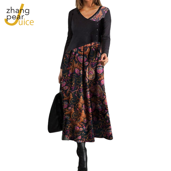 

neck vintage floral print dress women elegant long sleeves spliced dresses female casual loose vestidos, Black;gray