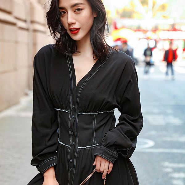 

french elegant single-breasted exquisite woman long dress v-neck empire sleeve casual dresses, Black;gray