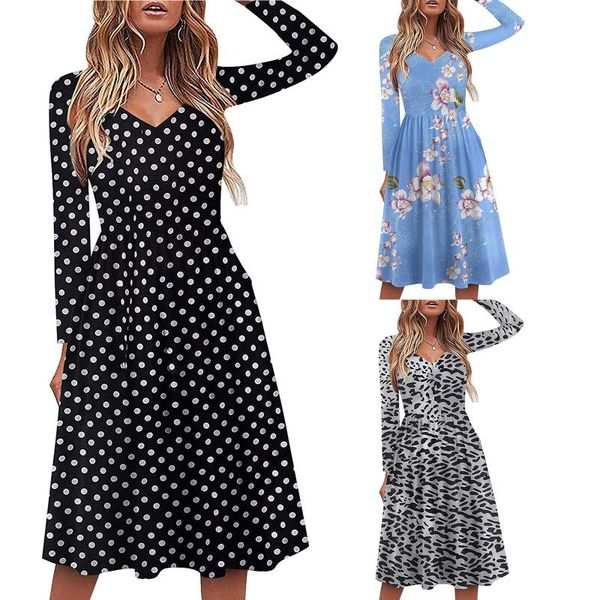 

casual dresses women autumn fashion print floral dress long sleeve v-neck knitted tunic knee-length vestido de mujer urban, Black;gray