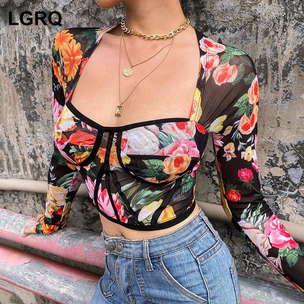 

[lgrq] women yellow vintage print short t-shirt square collar long sleeve fashion tide spring and summer 2021 19d199 women's, White
