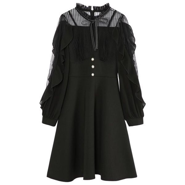 

casual dresses 2021 year party club women perspective long sleeve holiday date little black patchwork sheer mesh dress, Black;gray